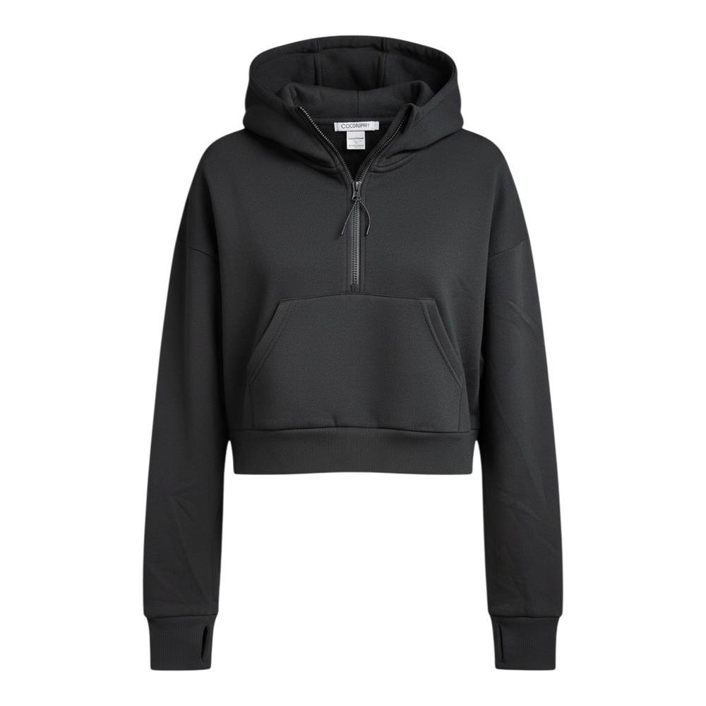 Cocoburry Womens Black Quarter Zip Cropped Hoodie Sweatshirt Thumbholes Small